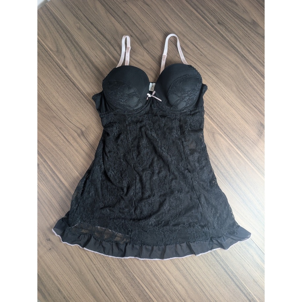 Carnival Black Lace Babydoll Lingerie Chemise Women's 36B Underwire Pink Trim